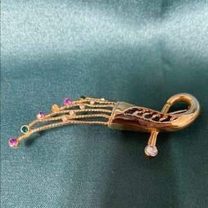 Peacock Shape Gold Tone Brooch with Multicolor Gem Accents
